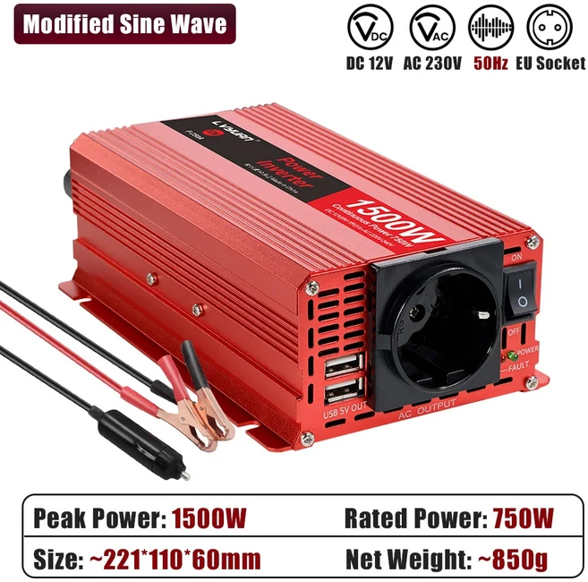 500W-2600W 파워 인버터 DC 12V를 AC 220V-240V로 변환하는 차량용 전압 변환기 EU 소켓 듀얼 USB 충전 50H, 01 220-240V용, 01 China Mainland, 05 12V 1500W EU R