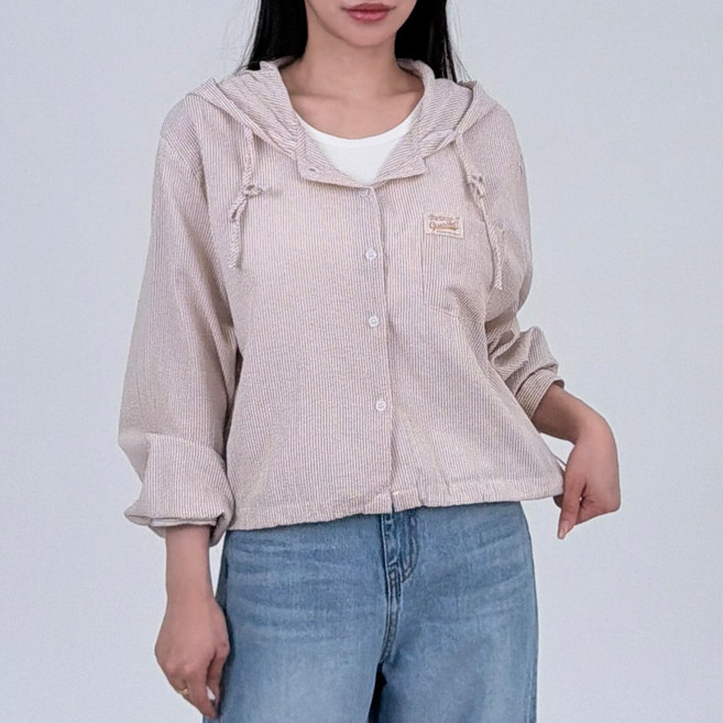 바인드 라벨 포켓 지지미 루즈핏 스트링 스트라이프 후드 셔츠 남방