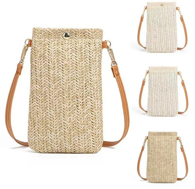 草編手機包 斜背包, 米黃