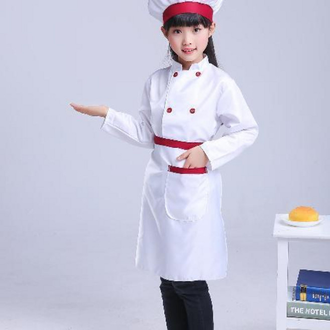 兒童小廚師表演服裝 幼兒園廚師職業工作服 兒童舞臺裝, 紅色酒紅色長袖,120cm