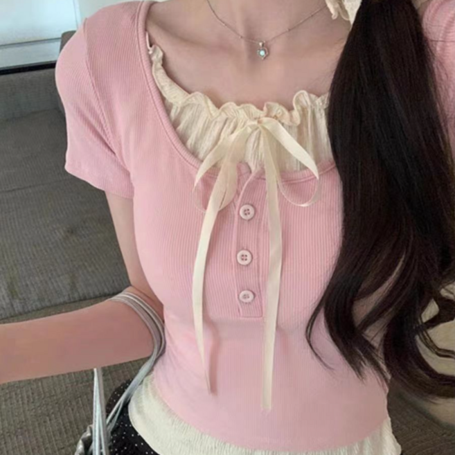 라라티나 크리스 여성 레이스 리본 발레코어 몸매잘룩 레이어드 반팔 티셔츠