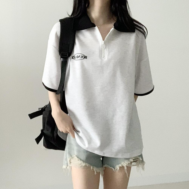 [국내제작] 데이지클로젯 바운더리 레터링 배색 카라 아노락 반집업 오버핏 반팔 티셔츠 / 봄 여름 가을 간절기 루즈핏 빅사이즈 캐주얼 기본템 학생 여성 여자 남성 남자 남녀공용