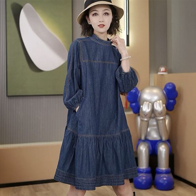 ROYALBELLE 여성 오버핏 하프넥 긴팔 데님 원피스 벌룬소매 A라인 빅사이즈 심플 청원피스 V82815