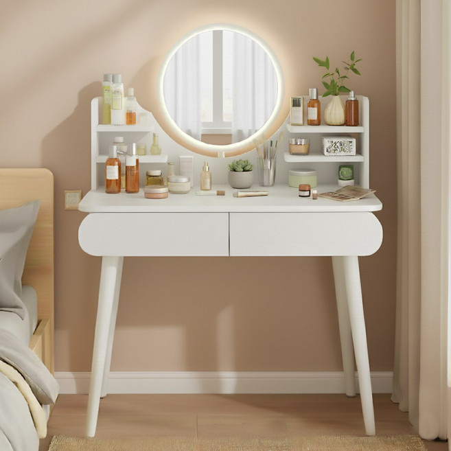 아르디스 원형 서랍 거울 수납 화장대 800, 화이트+화이트