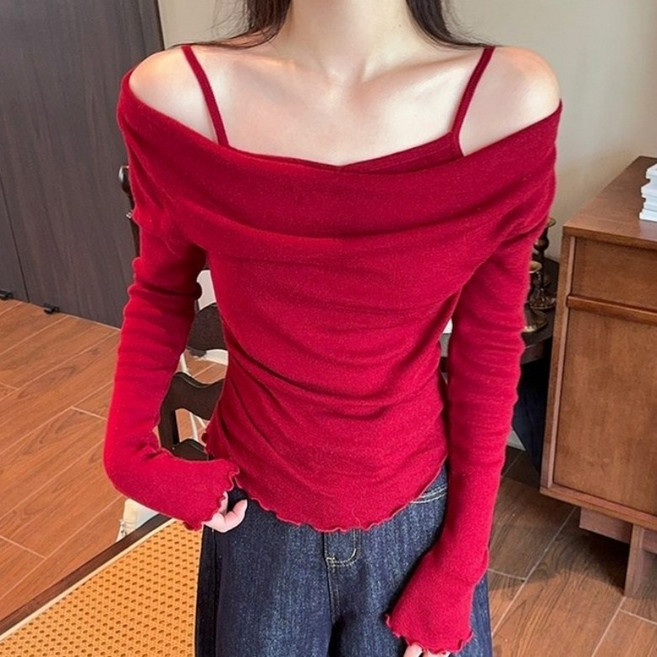 아이엠몽 여성 슬림핏 스트랩 오프숄더 긴팔 티셔츠