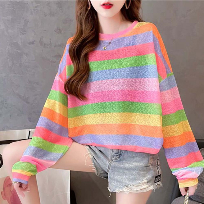 TKX 여성용 캐주얼 루즈핏 레인보우 스트라이프 긴팔 티셔츠 여자기본티