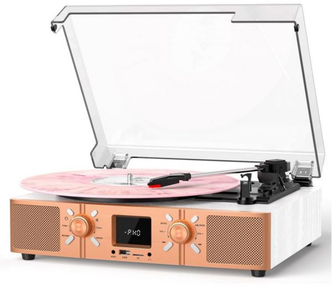 스피커 내장 바이닐 레코드 플레이어 레코드용 블루투스 턴테이블 3단 벨트 구동 LP USB/마이크로 SD 녹음 FM 라디오 RCA/AUX/헤드폰 잭 화이트 로즈 골드, 오디오 턴테이블 내장 스피커가 있는 바이닐 레코드 플레