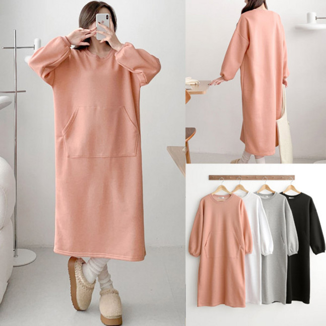 아이우먼 빅사이즈 캥거루 주머니 기모 롱 원피스 퍼프소매 겨울 캐주얼 ops 55-110 size 여성큰옷