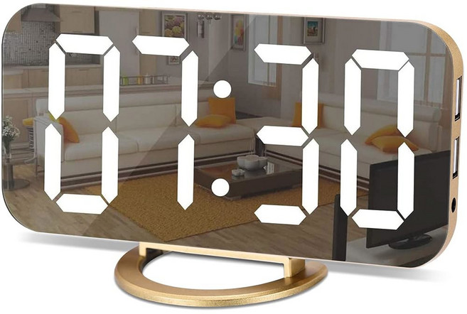 SZELAM 디지털 알람 시계 LED 및 듀얼 포트 - 사무실용 시계 미러 12/24H 시계 3단계 전자 가정 모던 밝기 디스플레이 USB 대형 포함 거실 책상 골드 침실, 골드.