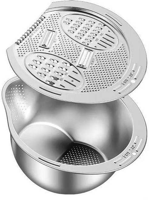 Qiaokao 스테인레스 스틸 쌀 세척 용기 + 야채슬라이서, 1개, 실버