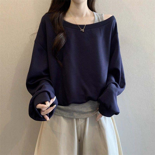 TIMEPURE 여성용 원숄더 긴팔 티셔츠 빅사이즈 페슈도 투피스 숏핏 맨투맨 봄여름 캐주얼 데이트록 오버핏 베이직 슬림핏 상의