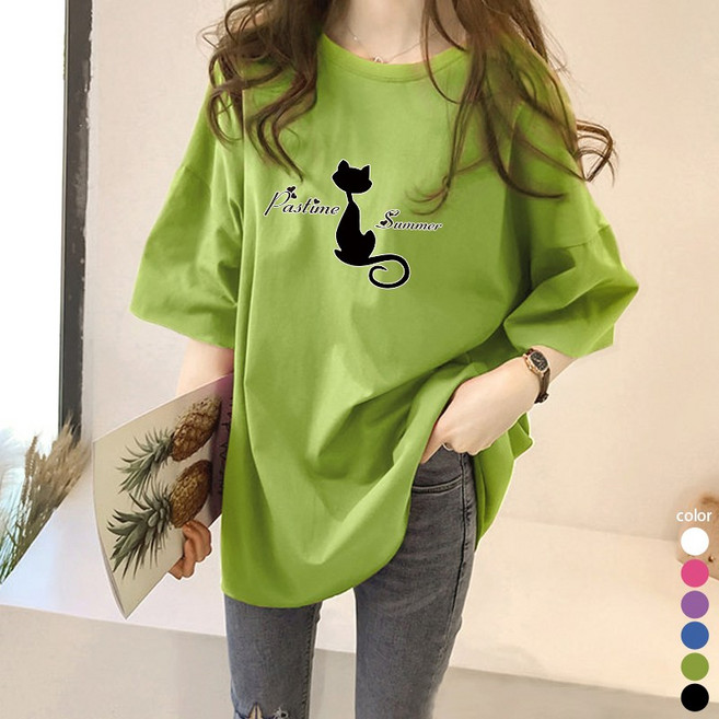 스타일아유 여성 고양이 오버핏 반팔 롱 티셔츠 빅사이즈 박시 반팔티 6color[AYG6TS361A]