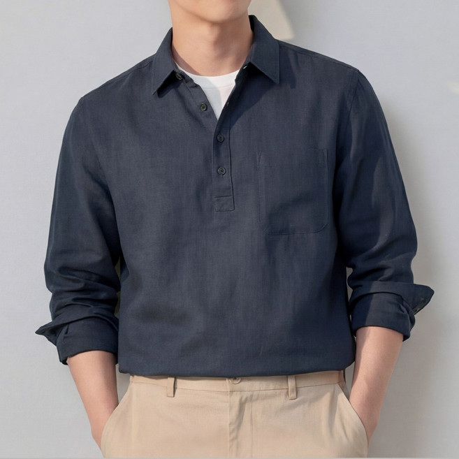 루크 남성 봄여름 레트로 린넨 카라 티셔츠 가볍고 시원한 긴팔 면마 셔츠 데일리 기본 베이직 반오픈 남방
