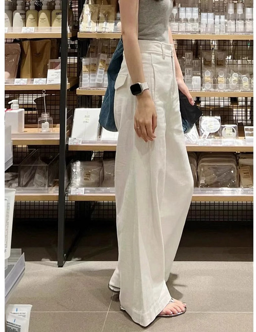 이유무무 NQ-311 여성 화이트 하이웨스트 일자 캐주얼 긴 바지