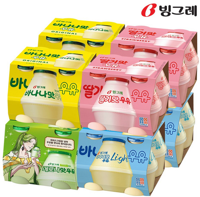 빙그레 단지우유 4종 바나나맛+딸기맛+라이트맛+메로나맛, 240ml, 32개