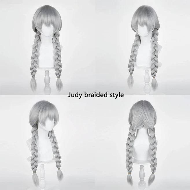 애니메이션 주토피아 2: 주디와 닉 코스프레 합성 머리 남녀공용 일상 파티에 적합 고온 실크 가발, 01 1Pcs, 02 Silver-gray braid