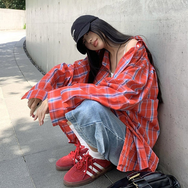 대박난박양 레드 체크 오버핏 셔츠(빅사이즈)