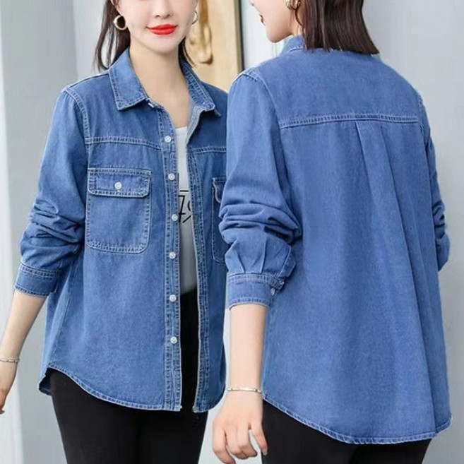 봄가을 데님 셔츠 여성용 빅사이즈 루즈핏 슬림핏 캐주얼 긴팔 얇은 오버핏 레이어드 청코트