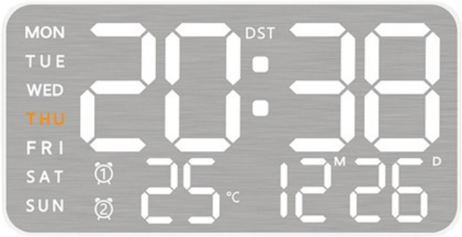 니녹 디지털 무소음 LED 시계 요일 온도 날짜 알람 벽걸이 탁상 겸용 시계, 화이트