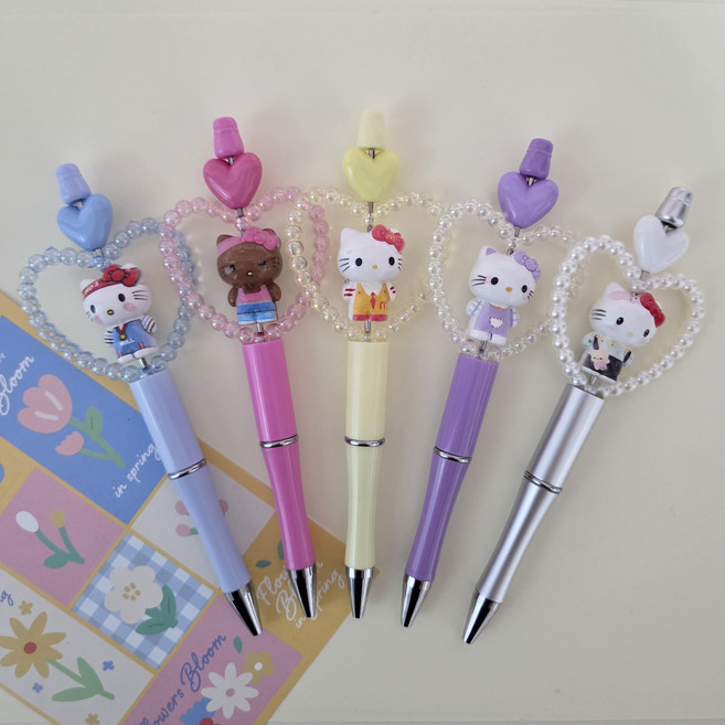 볼펜꾸미기 세트 귀여운 캐릭터 고양이 볼펜 DIY 볼꾸 비즈꾸미기세트 학생선물 핫템, 1팩, 9