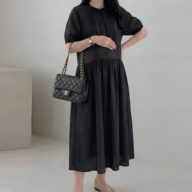 [당일출고] 수엠W 임산부 핸리넥 핀턱 바스락 반팔 롱 원피스 하객룩 데이트룩 R01 슈가원피스