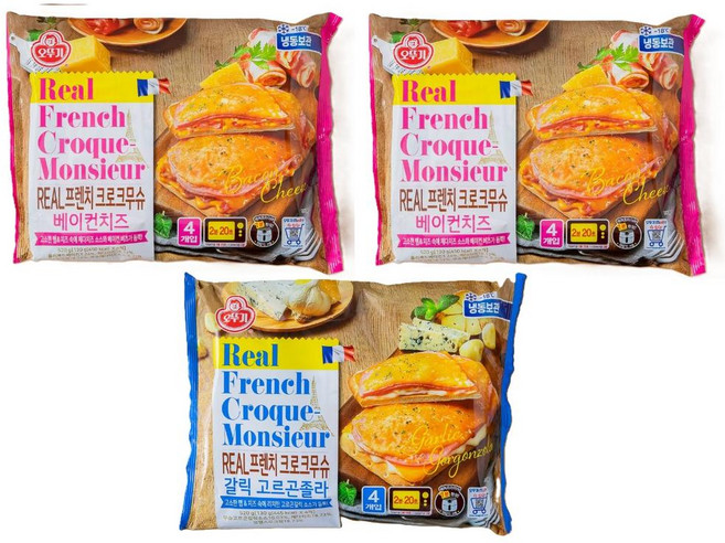 오뚜기 냉장_리얼 프렌치 크로크무슈 베이컨치즈 (130Gx4) 2개 + 갈릭고르곤졸라 (130Gx4) 1개 520g, 1세트