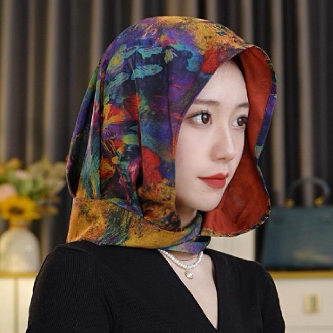 女士連帽圍巾春夏薄款防曬披肩透氣百搭包頭巾帽旅遊休閒飄帶絲巾 #五彩斑斕 #均碼