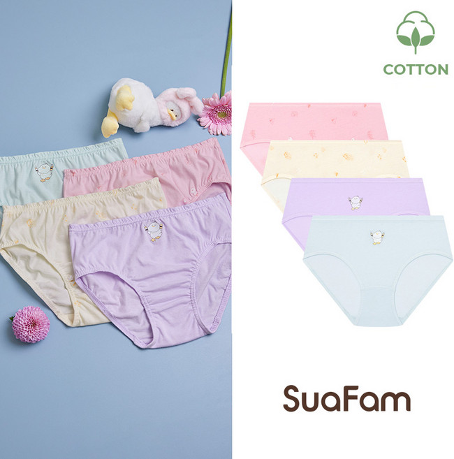 수아팜 여아용 코튼 캠핑덕 팬티 4장 세트 (10대 아동 속옷 주니어 초등 학생 청소년 4P 삼각 KC인증)