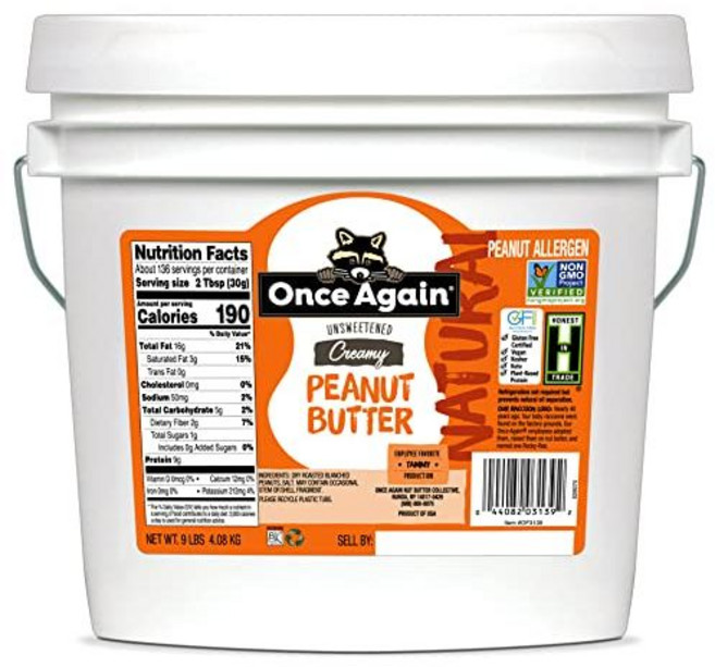 원스 어게인 내추럴 크런치 땅콩 버터 4.08kg 버킷 Once Again Natural Crunchy Peanut Butter 9lb Bucket (same as 9 j, 1개