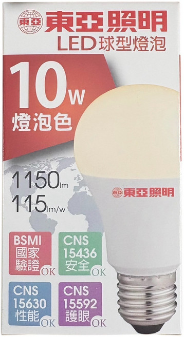 TOA 東亞 LED 燈泡 10W 全電壓 E27燈座, 暖白色, 10個
