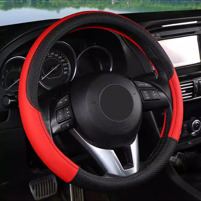 자동차 가죽 핸들커버 봉고 포터 G70 K3 K5 K9 QM6 SM3 SM5 SM7 코란도 올란도 레이 스포티지 니로 스파크 셀토스 그랜저 스타리아 캐스퍼 베뉴 37cm 38cm, 블랙+레드