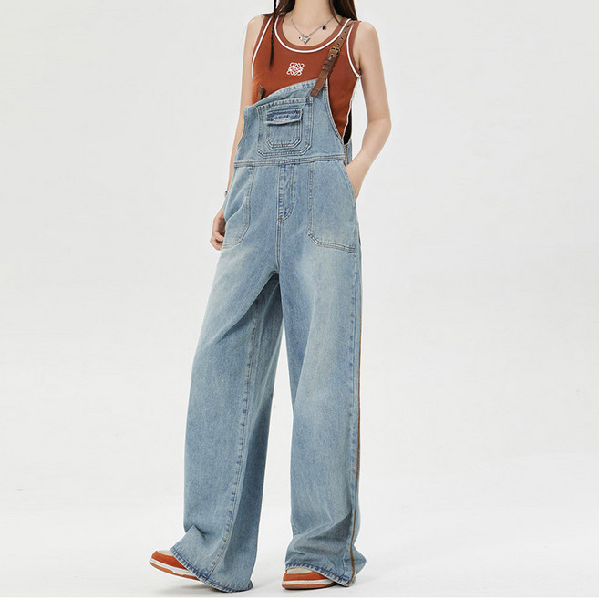 HA.M 여성 멜빵바지 루즈핏 데님 멜빵 점프수트 청바지 통바지