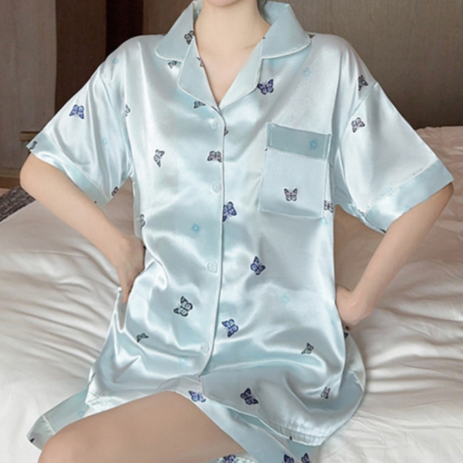 여성용 고퀄리티 잠옷 세트 반팔 실크잠옷 여름잠옷