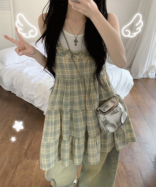 자스민벨 베로디 빈티지 체크 프릴 캉캉 민소매 레이어드 뷔스티에 끈조절 나시 미니 원피스 여리 러블리룩 모리걸 여행룩 휴가룩