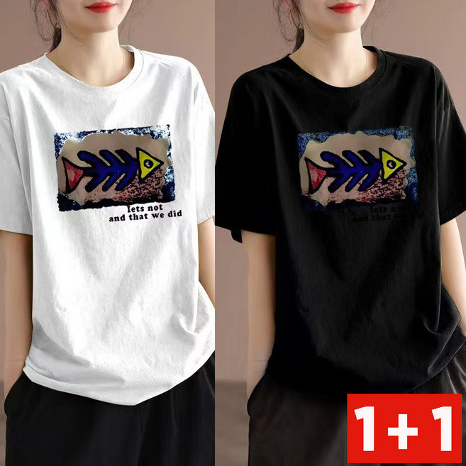 SELEAD 순면 반팔 캐주얼 티셔츠 여성 반팔 티 프린팅티셔츠 빅사이즈티셔츠 여름티셔츠 루즈핏티셔츠 100% 순면 티셔츠