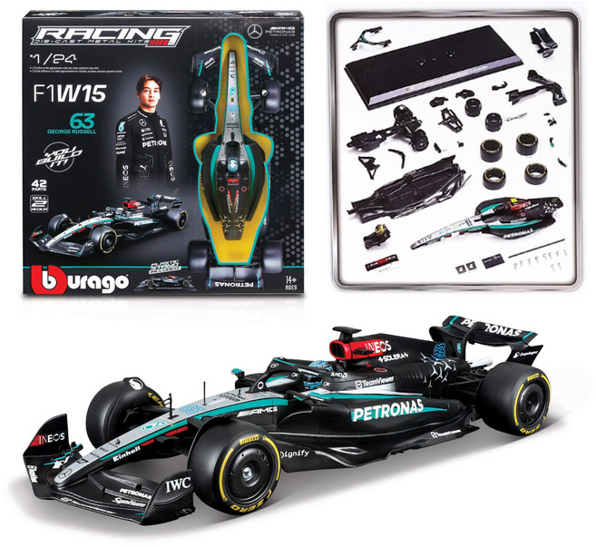 브라고 조립 1:24 메르세데스 W15 E Performance F1 DIY, 1개, 63번 조지 러셀