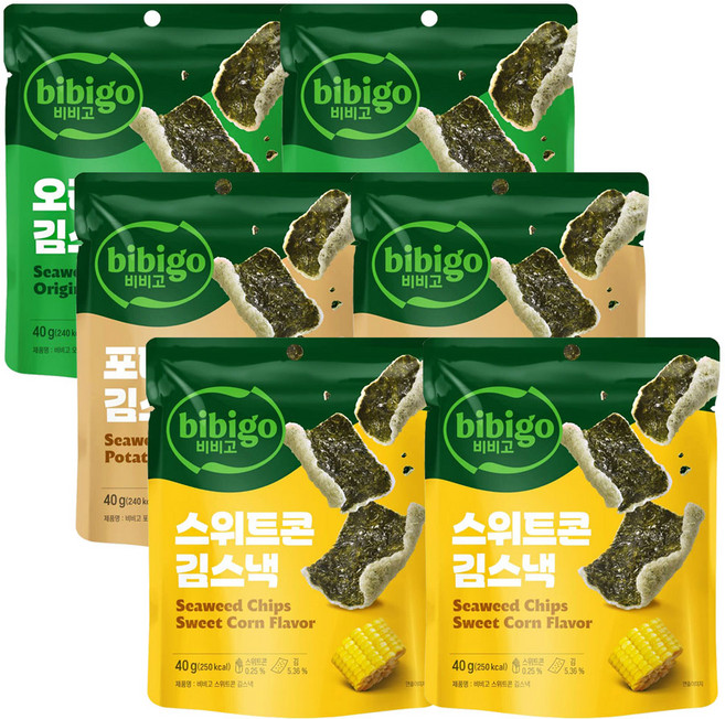 김부각 스낵 Cj 비비고 칩 3종세트(오리지널 포테이토 스위트콘)40g 각2개씩 총6개, 40g, 2세트