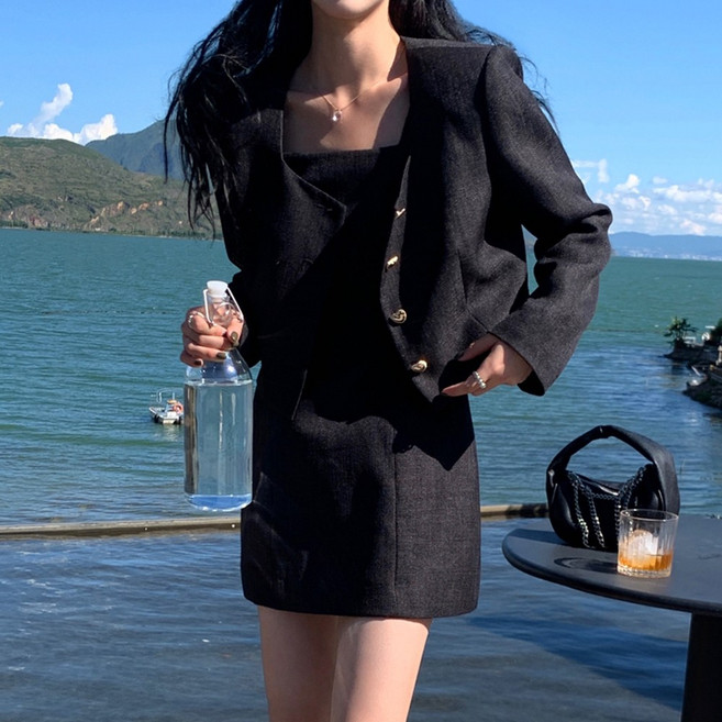 믹스블링 투피스 세트 스퀘어넥 크롭 자켓 원피스 미니 스커트 여성 셋업