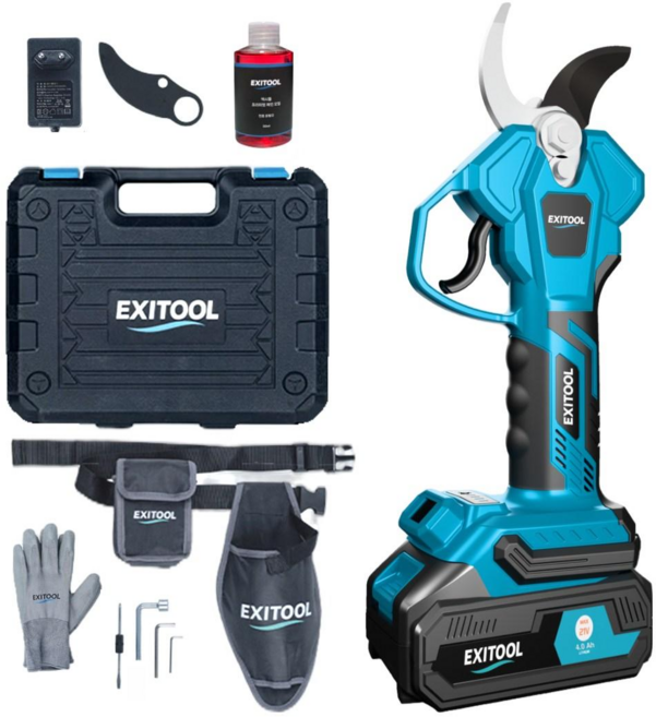 엑시툴 전동 충전 전지가위 40mm 4.0AH배터리 무선 전기 충전식 전정 고지 가지치기, 1세트