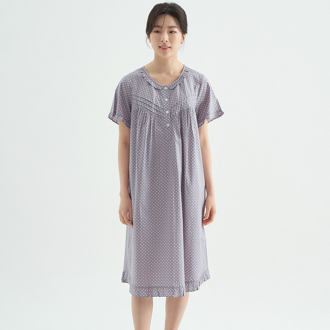 메이플라워 퍼플핑크도트 반팔 순면 여성 빅사이즈 잠옷 홈웨어 원피스 잠옷