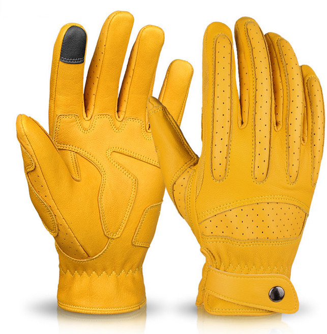 오제로 남녀공용 가죽 스마트 터치 타공 통풍 춘추용 오토바이 장갑, 옐로우