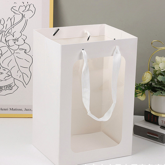 [당일출고] 쇼핑백 선물용 두꺼운 윈도우 투명창 꽃다발 화분 인형 포장지 (감사카드 엽서 증정), 5개, 화이트(대)