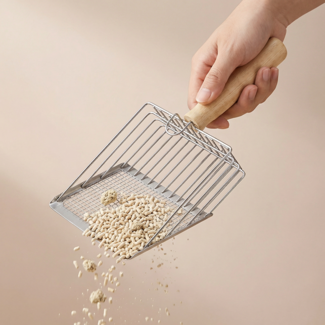 젤리픽 모든 모래용 이중망 구조 고양이 모래삽, 실버, 1개