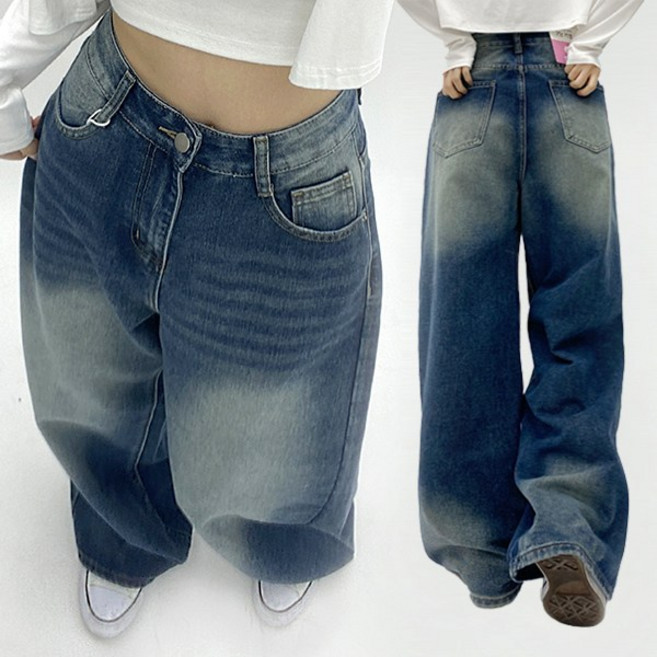 빈티지 Y2K 워싱[2단기장]롱 구제 데님 와이드 청바지 팬츠-C4