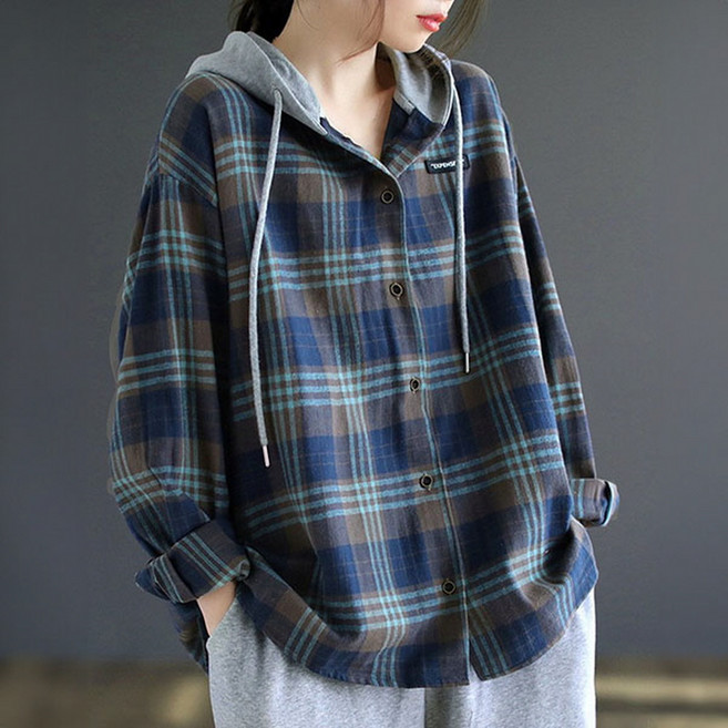 지디오 여성 후드 체크 셔츠 원사이즈 봄 남방 긴팔 버튼 후드티