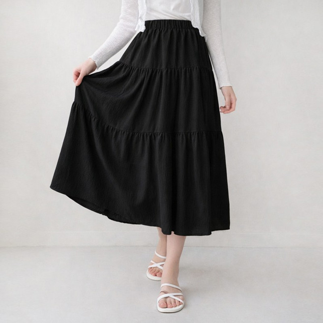 [2Color] 밴딩 캉캉 롱스커트 / 여성용 A라인 허리밴딩 주름 플레어 속치마내장 비침 걱정 없는 소프트 하체커버 스커트 활용성 좋은 치마 긴치마 (DB-4011)