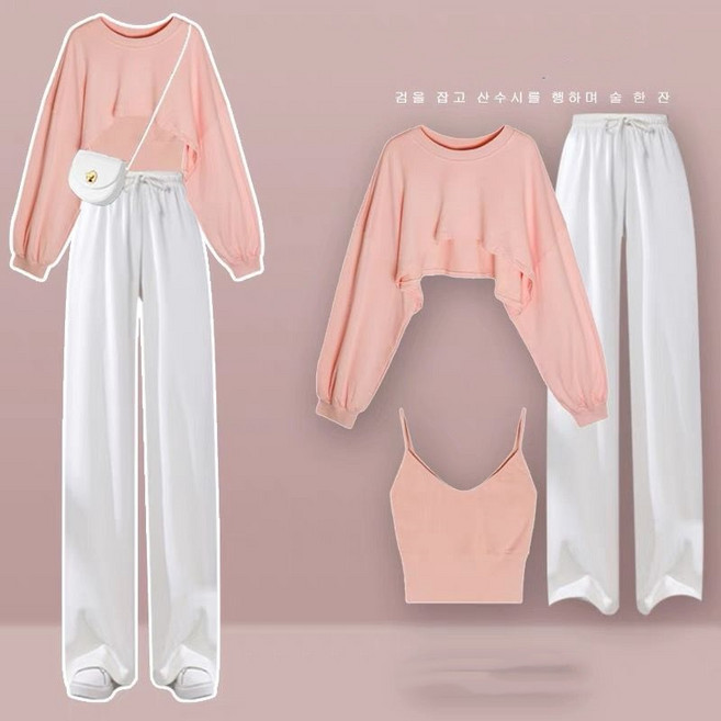 LOKEXING 여성용봄가을 맨투맨 와이드 팬츠 트레이닝복 3종세트