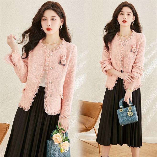 TKX 트위드자켓 여성 봄 가을 우아한 꽃장식 단추장식 러플 라운드넥 캐주얼점퍼 K37