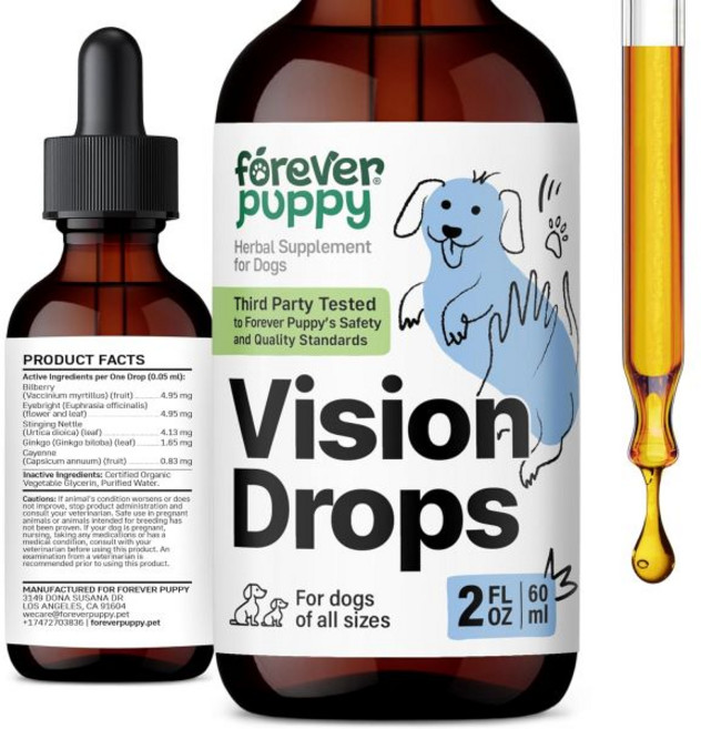 포에버 강아지 비전 보조제 눈 빌베리 아이브라이트 함유 모든 품종과 크기 액상 사료 지원 맑음 무설탕 무알코, 2 플로우 온스