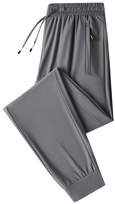 ELEGLANT 男款冰絲彈力涼感長褲 加大尺碼M-7XL 中灰束口 輕薄透氣運動休閒褲